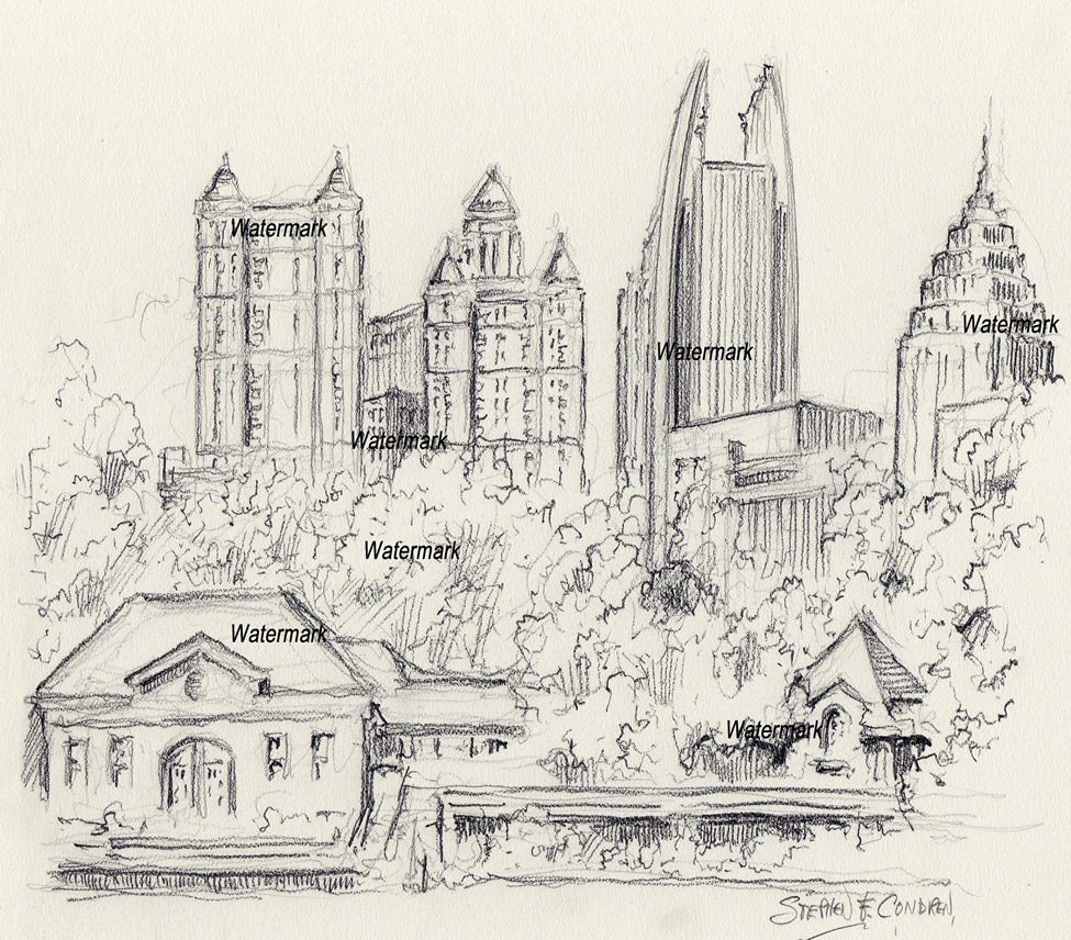Atlanta skyline #804A pencil cityscape drawing is popular because of the views of Lake Clara Meer.