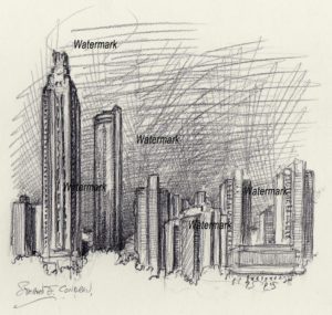 Atlanta skyline #815A pencil cityscape drawing of downtown at night.