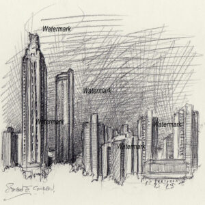 Atlanta skyline #815A pencil cityscape drawing of downtown at night.