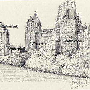Atlanta skyline #818A pencil cityscape drawing with views of Piedmont Park.