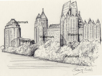 Atlanta skyline #818A pencil cityscape drawing with views of Piedmont Park.