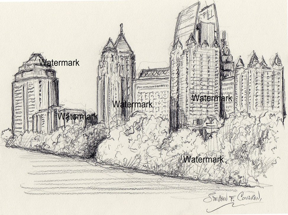 Atlanta skyline pencil drawing of midtown at Piedmont Park