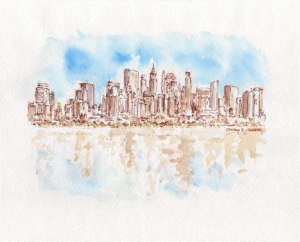 Watercolor of lower Manhattan skyline.
