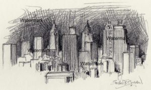 Atlanta skyline pencil drawings of downtown skyscrapers at night