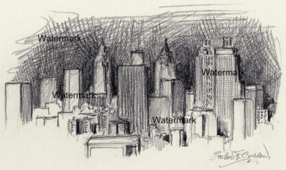 Atlanta skyline #820A pencil cityscape drawing is popular because of it's view of downtown at night.