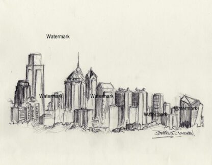 Philadelphia skyline charcoal drawing of downtown skyscrapers.