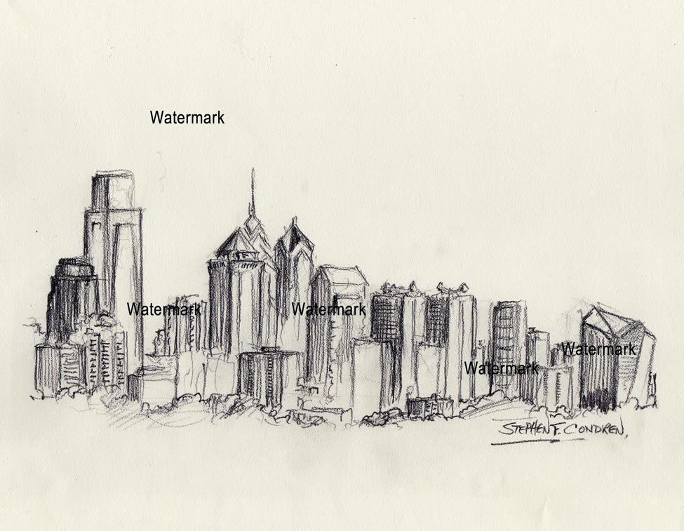 Philadelphia skyline charcoal drawing of downtown skyscrapers
