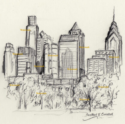 Philadelphia skyline #798A charcoal cityscape drawing is popular because of the beauty of FDR Park.
