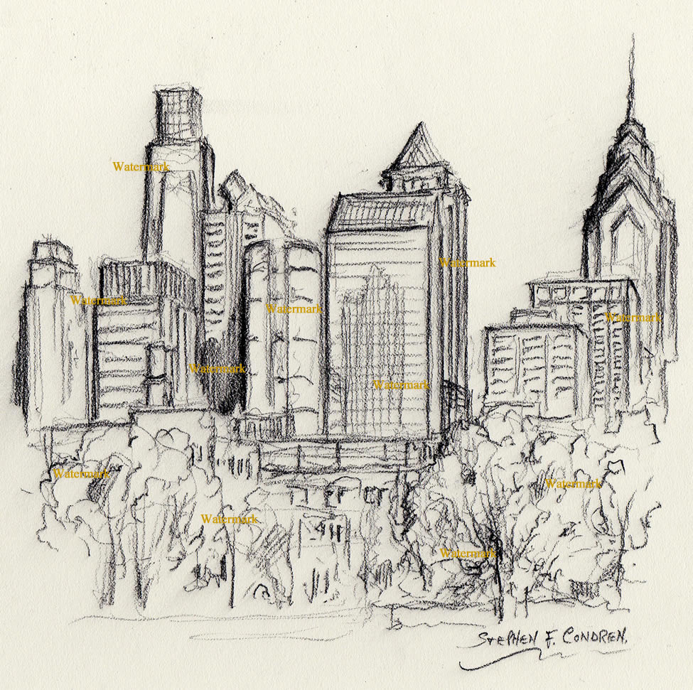 Philadelphia Skyline Charcoal Drawing Of Downtown 798