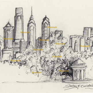 Philadelphia skyline #799A charcoal cityscape drawing is popular because of the gazebo in FDR Park.