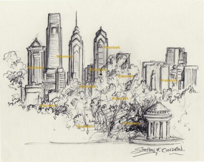 Philadelphia skyline #799A charcoal cityscape drawing is popular because of the gazebo in FDR Park.