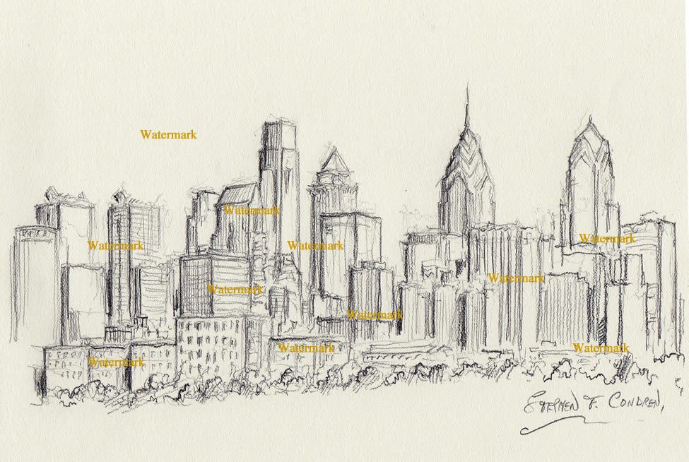 Philadelphia charcoal skyline drawing along the Schuylkill River.