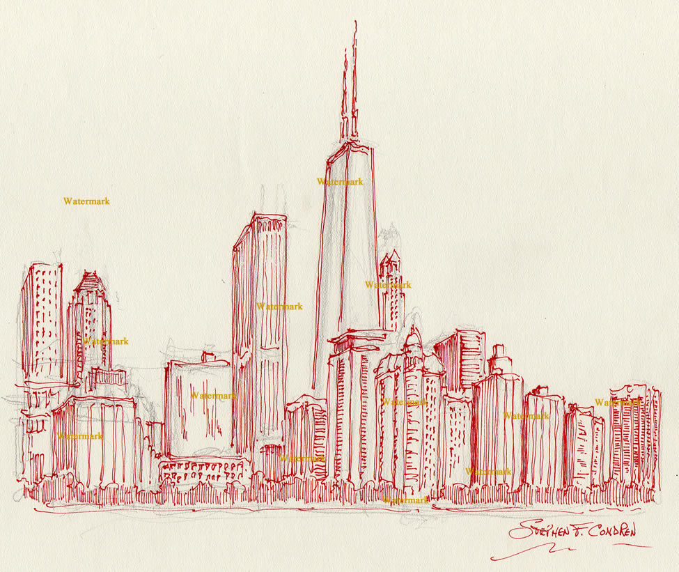 Chicago skyline pen & ink drawing with John Hancock Center.