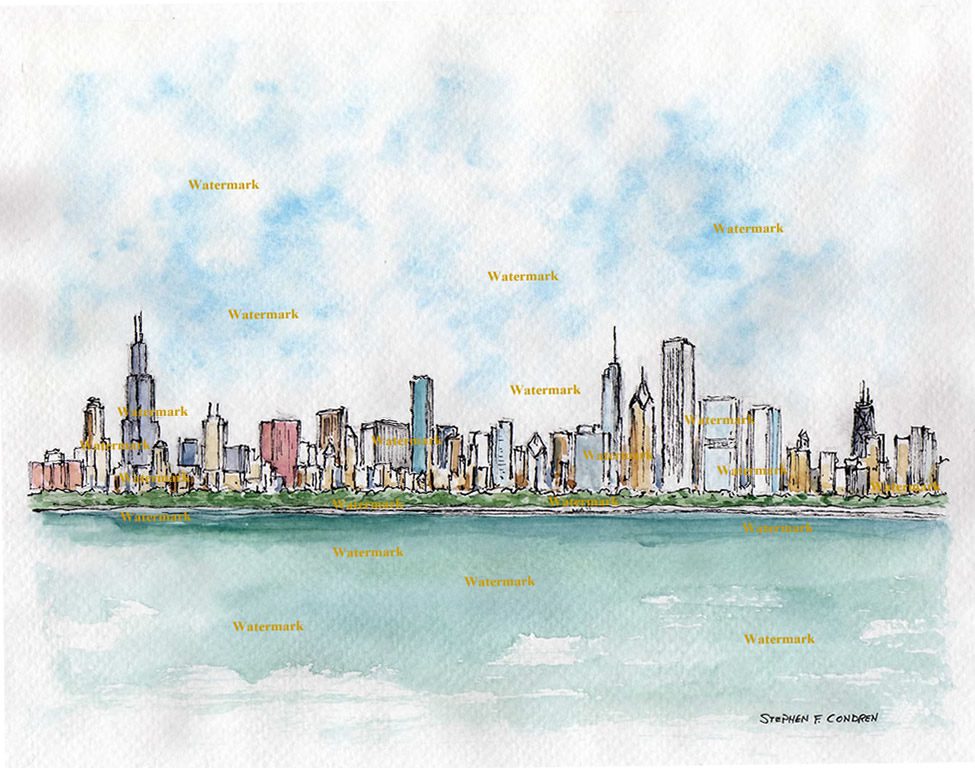 Chicago skyline watercolor painting overlooking Lake Michigan.