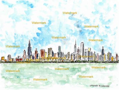 Chicago skyline #427A pen & ink cityscape watercolor is popular because of it's view over Lake Michigan, and the print is matted 11"x14".