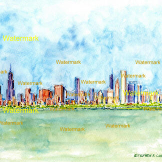 Chicago skyline #430A cityscape watercolor with view of the Loop skyscrapers.