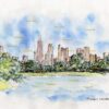 Chicago skyline #709A pen & ink cityscape watercolor overlooking Lincoln Park lagoon.