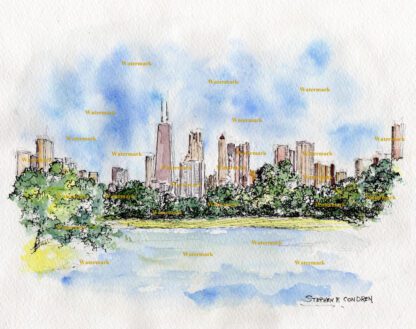 Chicago skyline #709A pen & ink cityscape watercolor overlooking Lincoln Park lagoon.