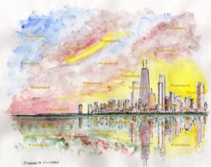 Chicago skyline watercolor painting with colorful sunset.