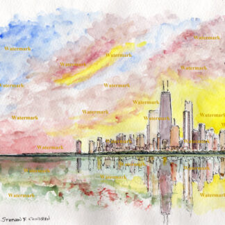 Chicago skyline #712A pen & ink cityscape watercolor at sunset reflecting in the waters of Lake Michigan.