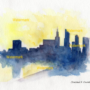 Chicago skyline watercolor silhouette painting at sunset.