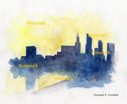 Chicago skyline watercolor silhouette painting at sunset.
