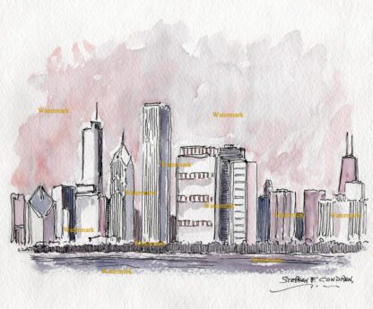 Chicago skyline watercolor of east Randolph Street.