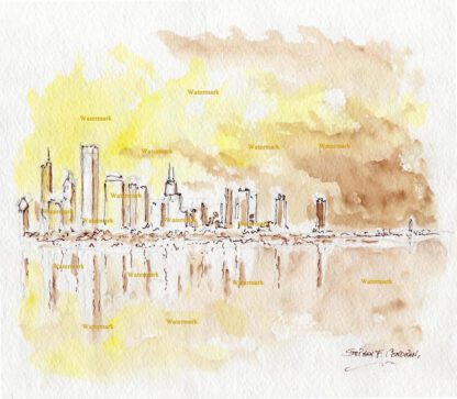 Chicago skyline watercolor of the near north side at sunset.