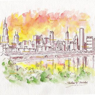 Chicago skyline watercolor painting at sunset from Burnham Harbor