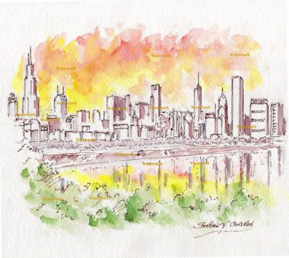 Chicago skyline watercolor painting at sunset from Burnham Harbor