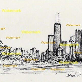 Chicago skyline #757A pen & ink cityscape drawing with intense shading and cross-hatching.