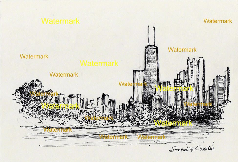 Chicago skyline #757A pen & ink cityscape drawing with intense shading and cross-hatching.