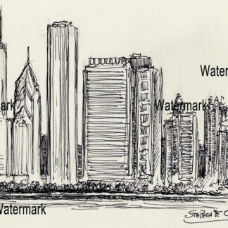 Chicago skyline pen & ink drawing of east Randolph Street.