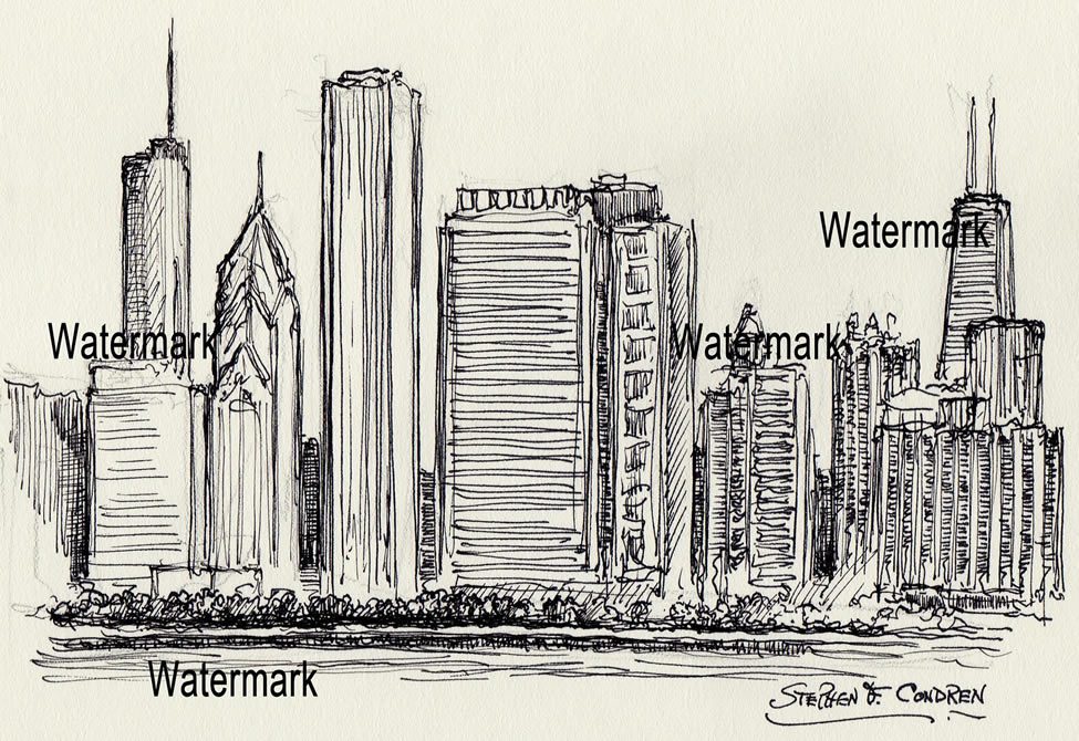 Chicago Skyline Pen & Ink Drawing #776 of east Randoph