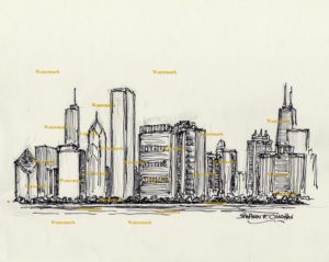 Chicago skyline pen & ink drawing of east Randolph Street 777.