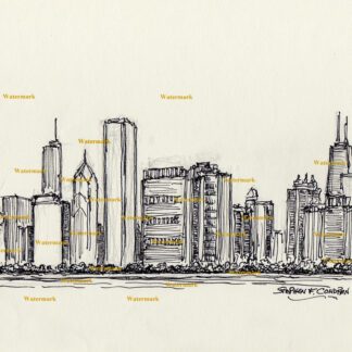 Chicago skyline pen & ink drawing of east Randolph Street 777.