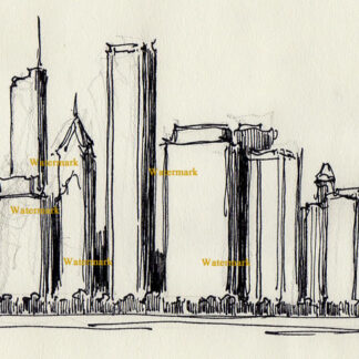 Chicago skyline pen & ink drawing of east Randolph skyscrapers.