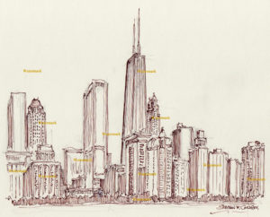 Chicago skyline pen & ink drawing of near north side in Streeterville.