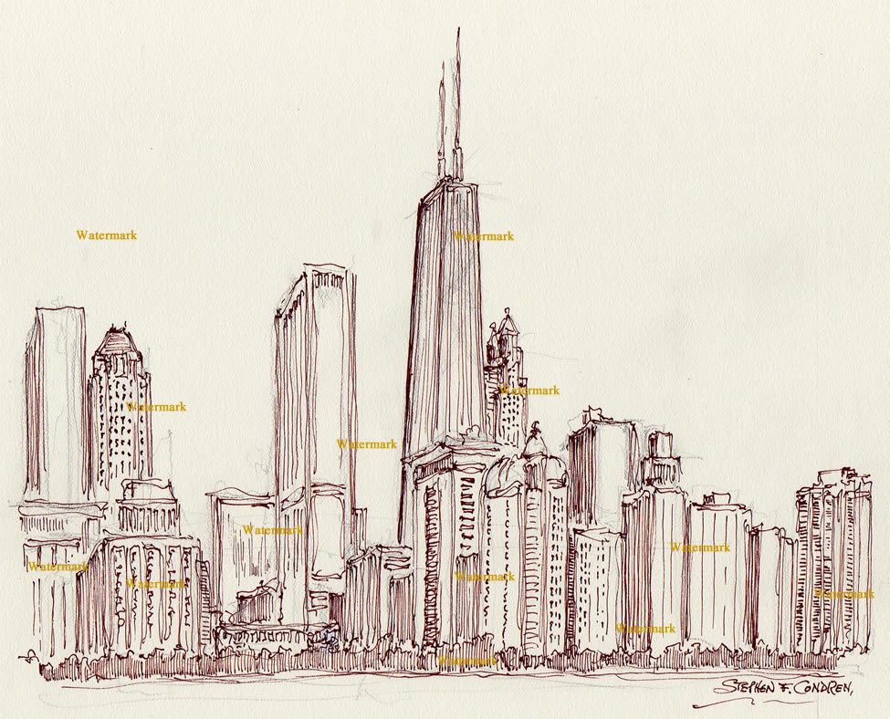 Chicago Skyline Pen & Ink Drawing Of Streeterville 850