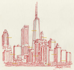 Chicago skyline red pen & ink drawing of near north side.