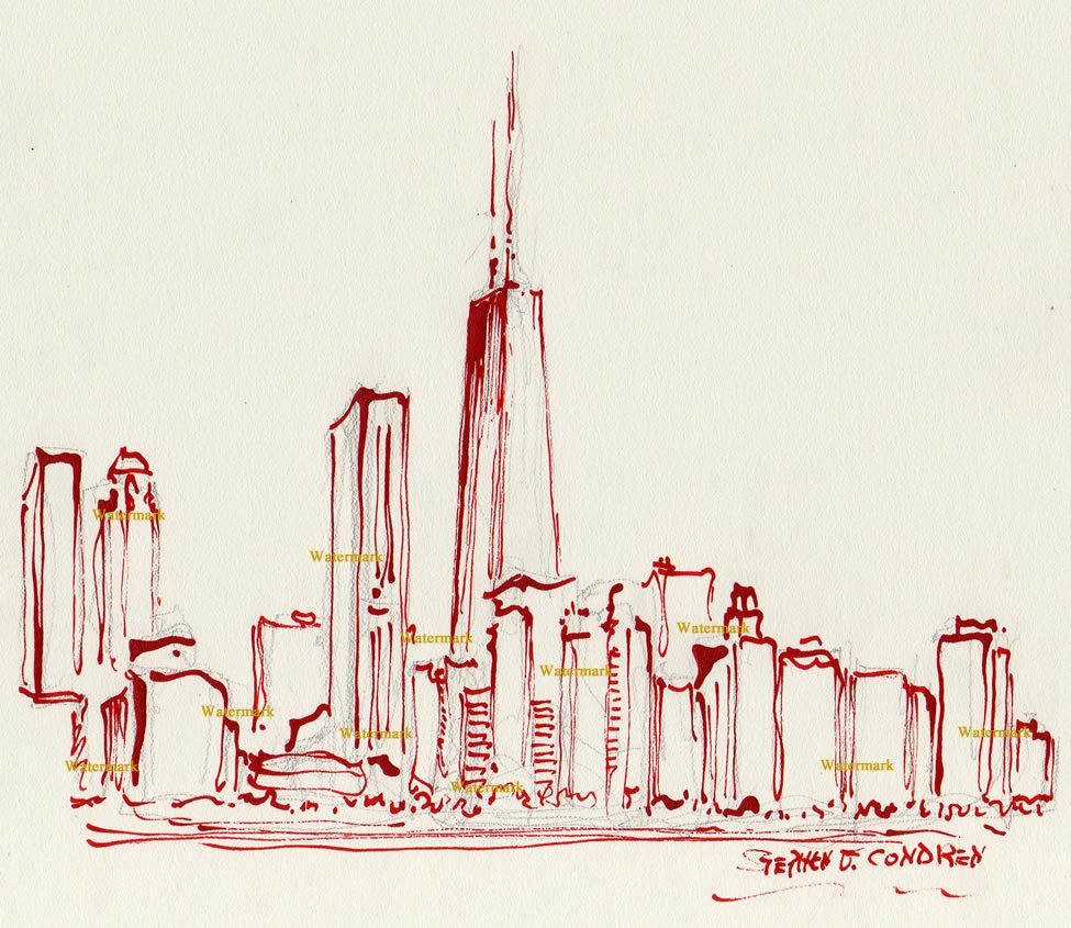 Chicago skyline bamboo & red ink drawing of near north side.