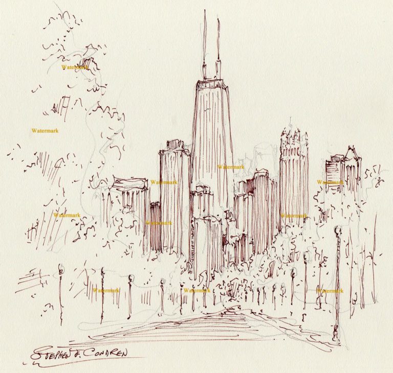 Chicago skyline 057Z Pen & Ink Drawing 870 from Lincoln Park