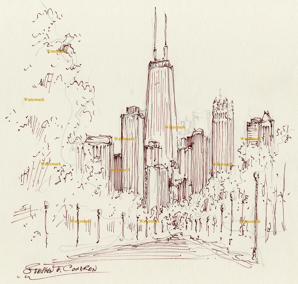 Chicago skyline pen & ink drawing with John Hancock Center.