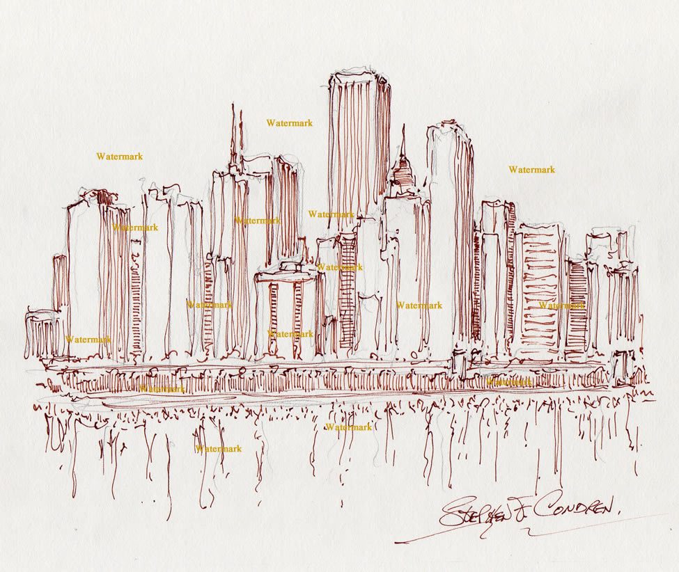 Chicago skyline #871A brown pen & ink cityscape drawing of east Randolph skyscrapers.