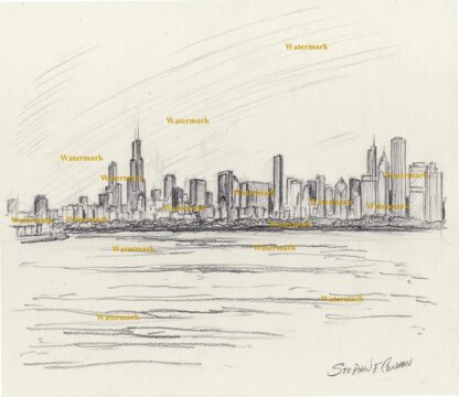 Chicago skyline #222A pencil cityscape drawing with view of the Loop.
