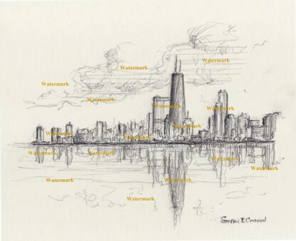 Chicago skyline #733A pencil cityscape drawing with a view of the John Hancock Center.
