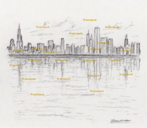 Chicago skyline pencil drawing on Lake Michigan of the Loop.