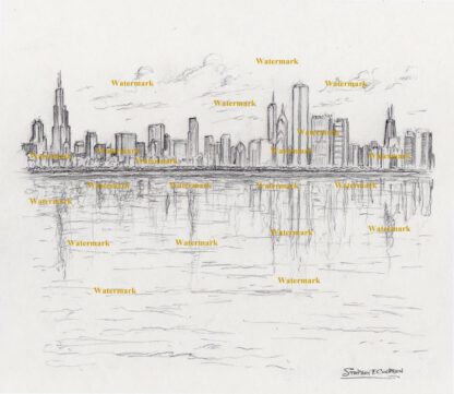 Chicago skyline #736A pencil cityscape drawing a view of the Loop.