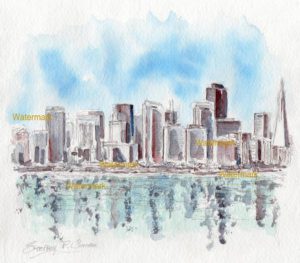 San Francisco skyline watercolor of towering downtown skyscrapers.