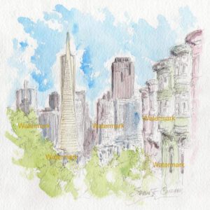 San Francisco skyline watercolor painting with painted ladies.